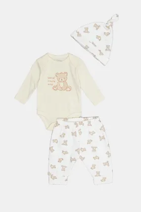 Babies White And Beige Printed Bodysuit Set (3 Piece)