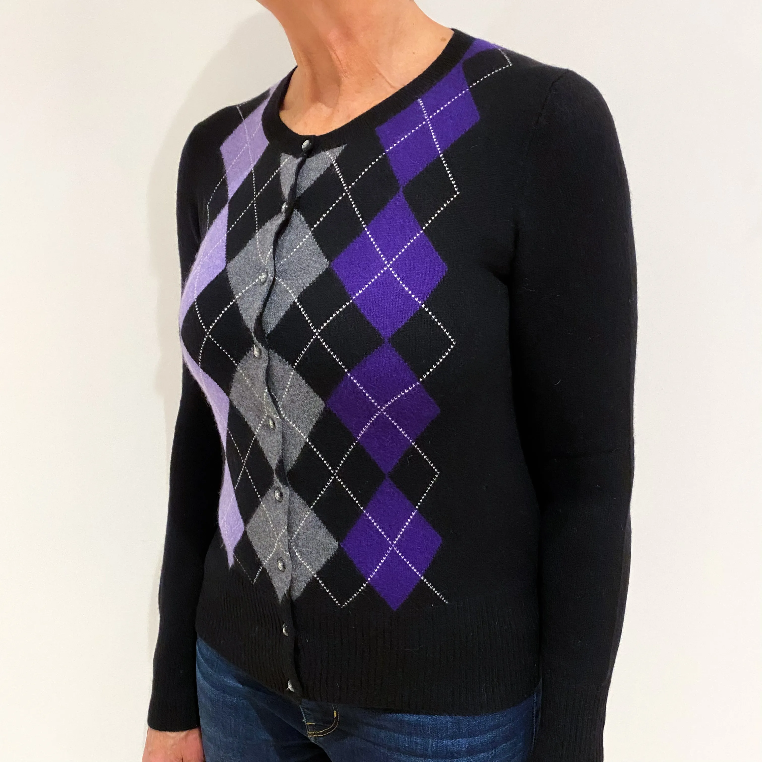 Black Purple Argyle Cashmere Crew Neck Cardigan Medium
