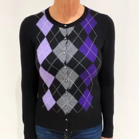 Black Purple Argyle Cashmere Crew Neck Cardigan Medium