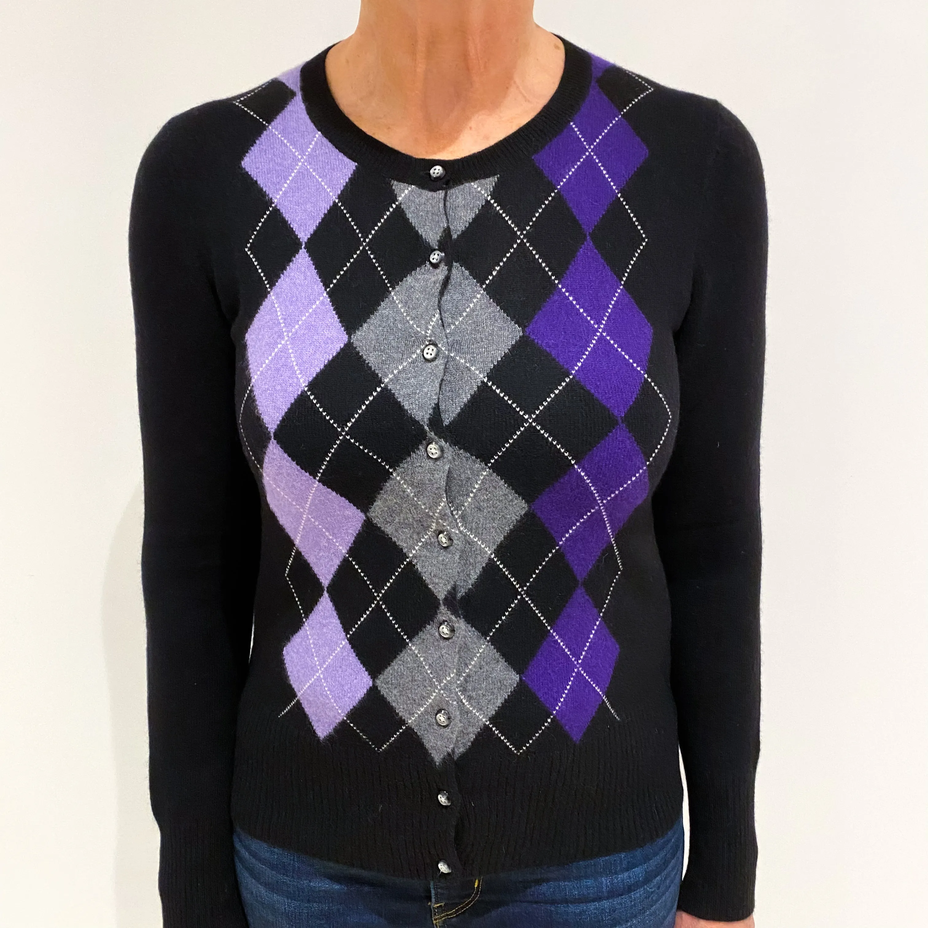 Black Purple Argyle Cashmere Crew Neck Cardigan Medium