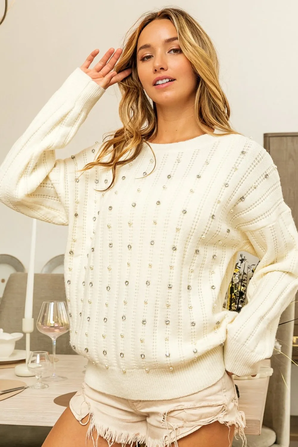 Blue Zone Planet |  BiBi Pearl & Rhinestone Decor Long Sleeve Sweater