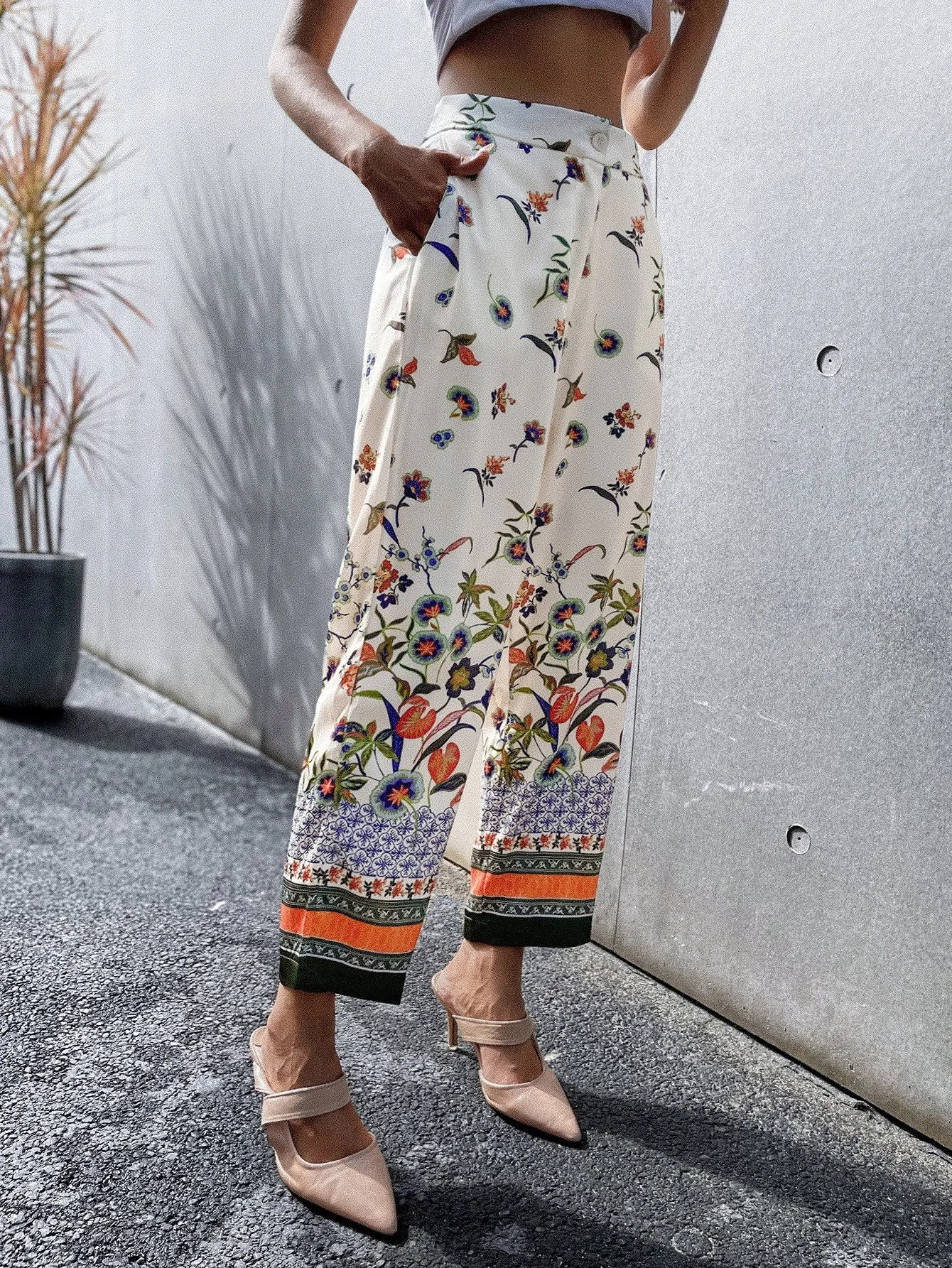 Boho Floral Pocket High Waist Cropped Women Pants