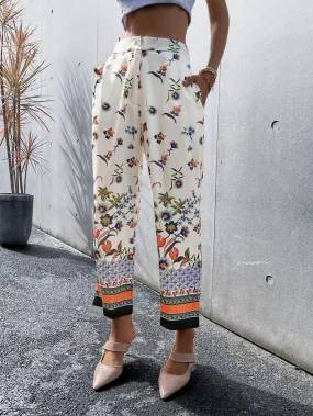 Boho Floral Pocket High Waist Cropped Women Pants