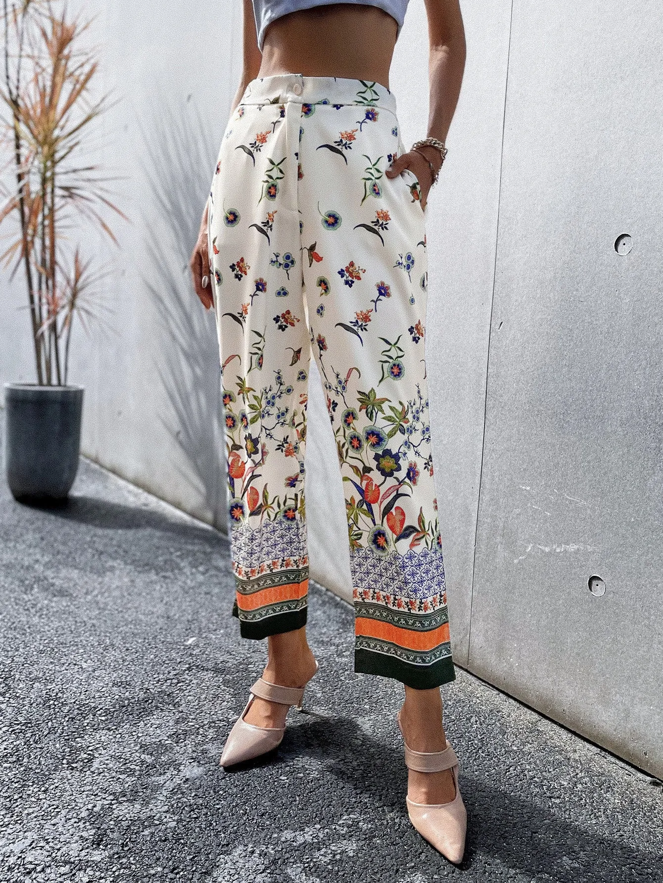 Boho Floral Pocket High Waist Cropped Women Pants