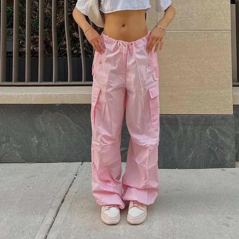 Bonnyshow Cargo Pants Women Spring New Streetwear Solid Fashion Pockets Drawstring Loose Trousers Casual Slim Versatile Lady Cargo Pants