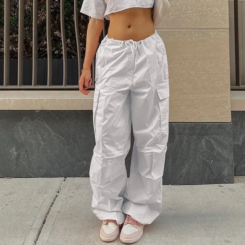 Bonnyshow Cargo Pants Women Spring New Streetwear Solid Fashion Pockets Drawstring Loose Trousers Casual Slim Versatile Lady Cargo Pants