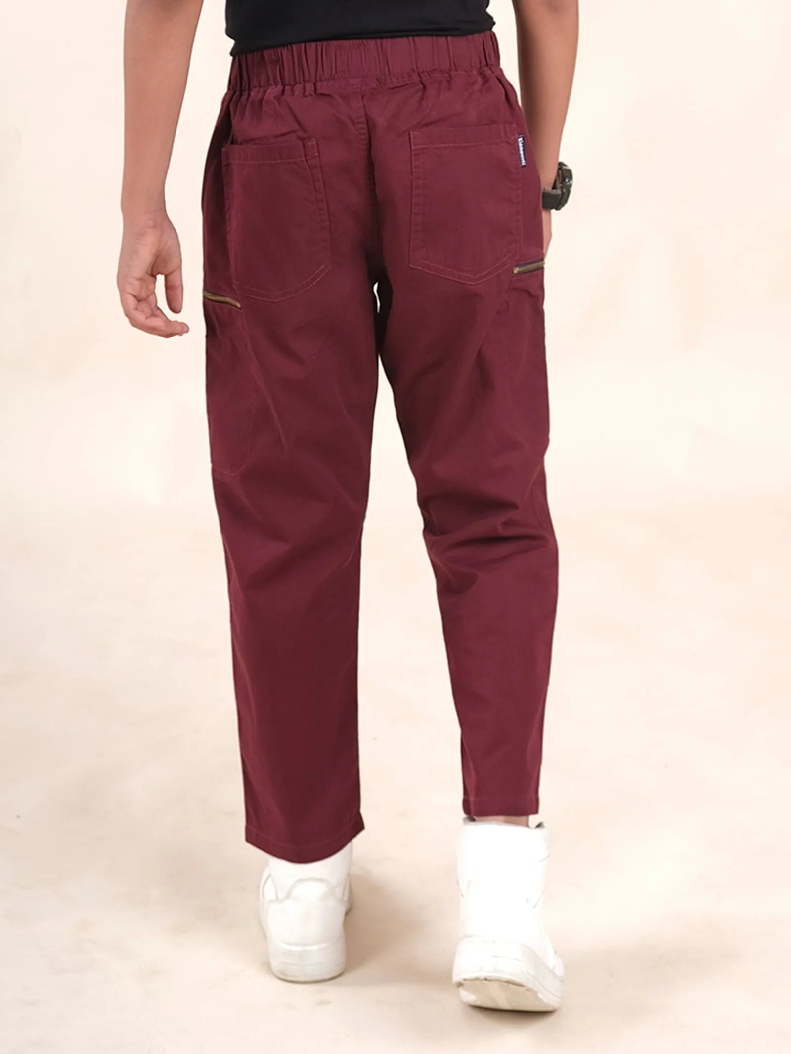 Boys Cotton Elastane Full Length Solid Cargo Pant