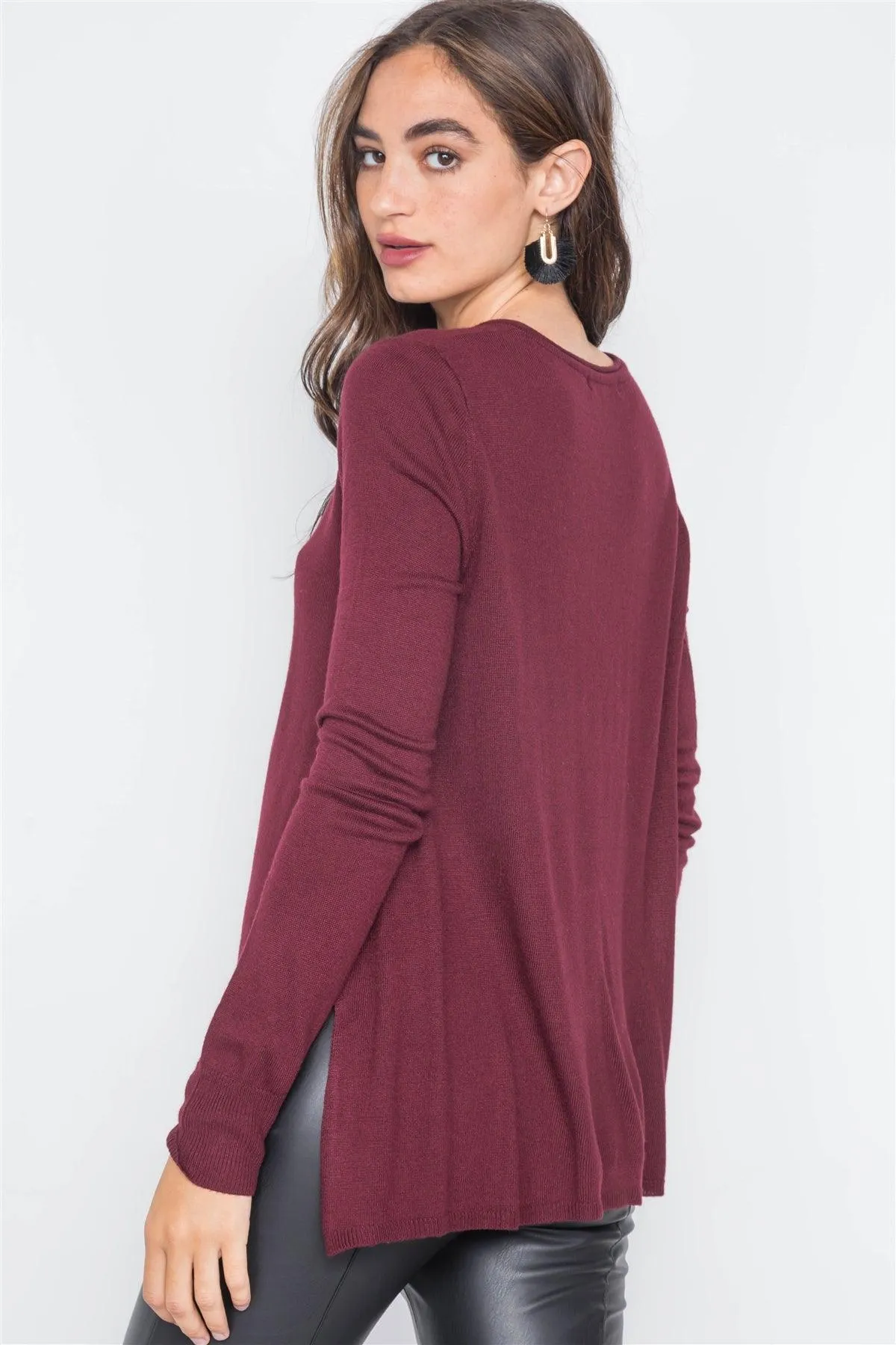 Burgundy Knit Casual V-Neck Solid Sweater