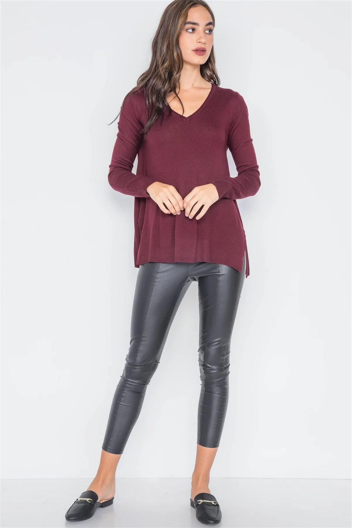 Burgundy Knit Casual V-Neck Solid Sweater