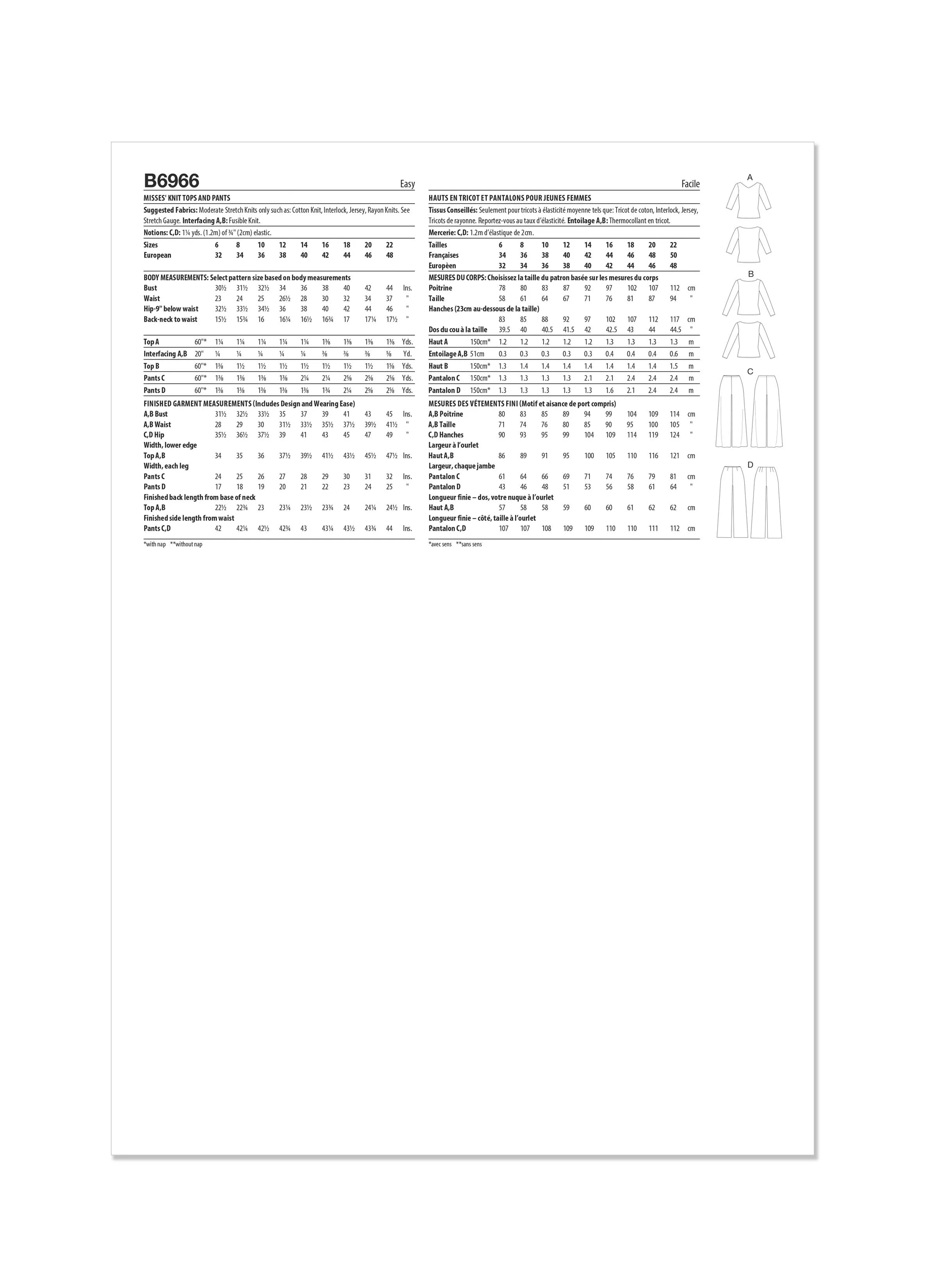 Butterick sewing pattern 6966 Knit Tops and Pants