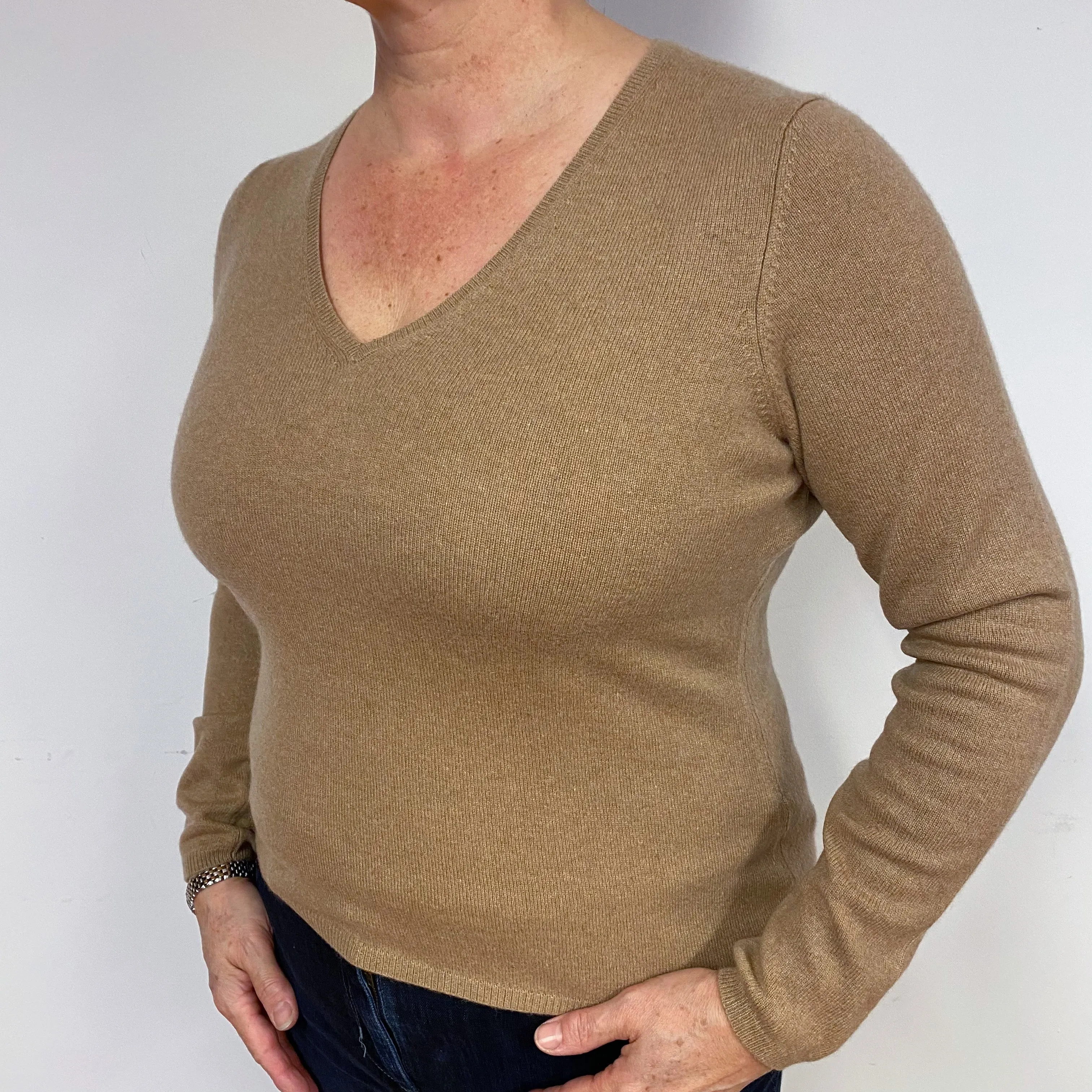 Camel Brown Cashmere V-Neck Jumper Large/Petite