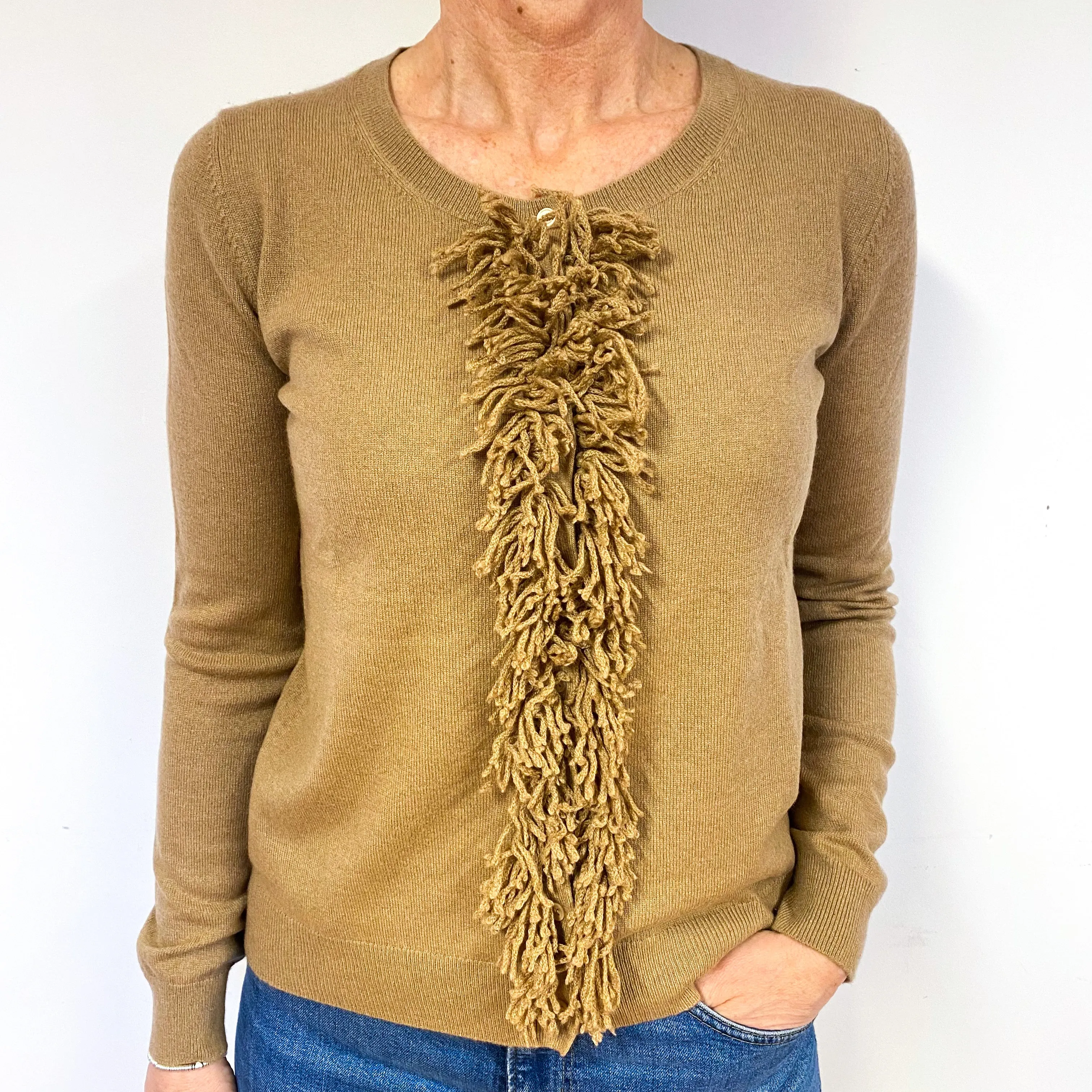 Camel Brown Fringed Cashmere Crew Neck Cardigan Medium
