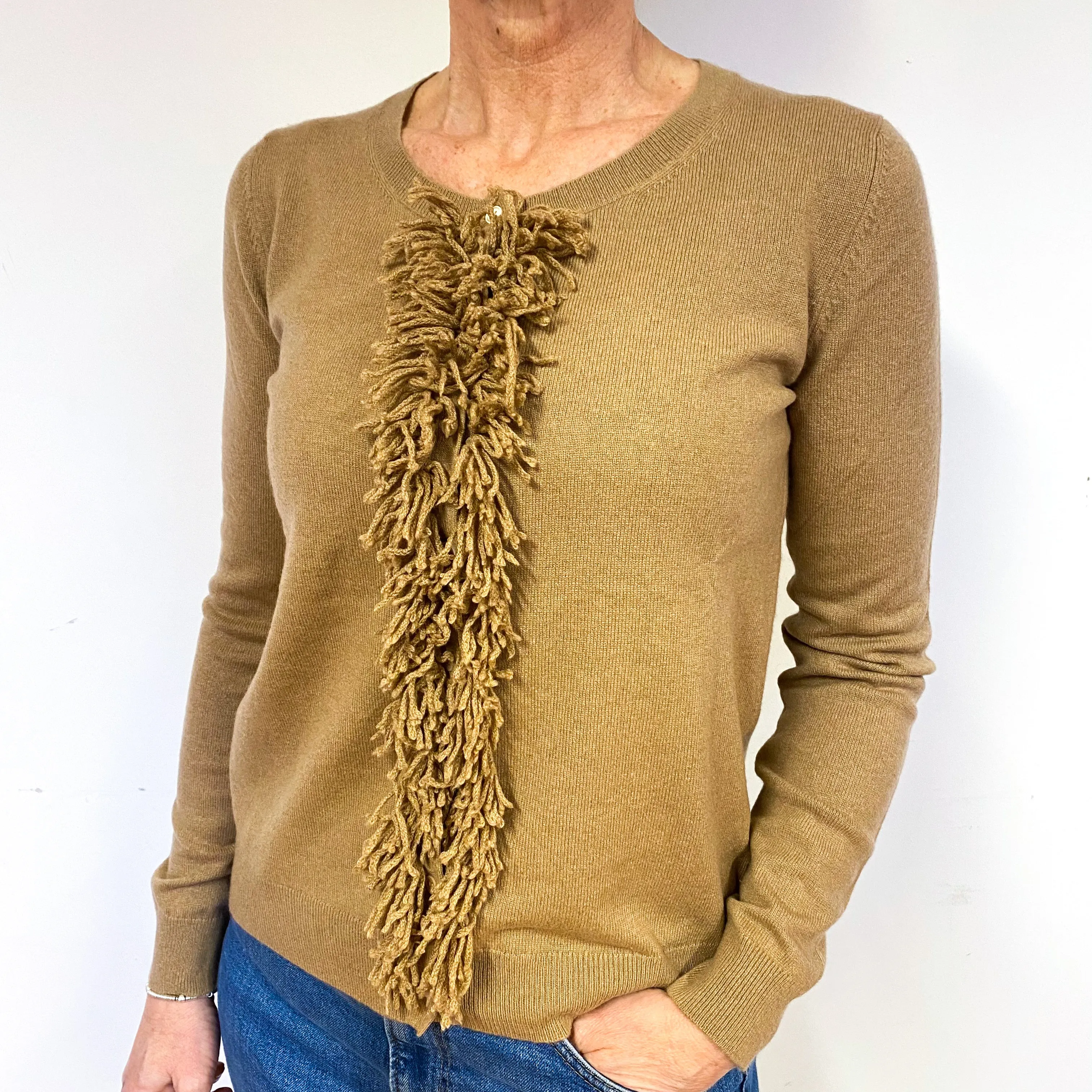 Camel Brown Fringed Cashmere Crew Neck Cardigan Medium
