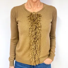 Camel Brown Fringed Cashmere Crew Neck Cardigan Medium