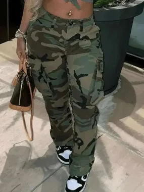 Camo Print Side Pocket Cargo Pants For Women