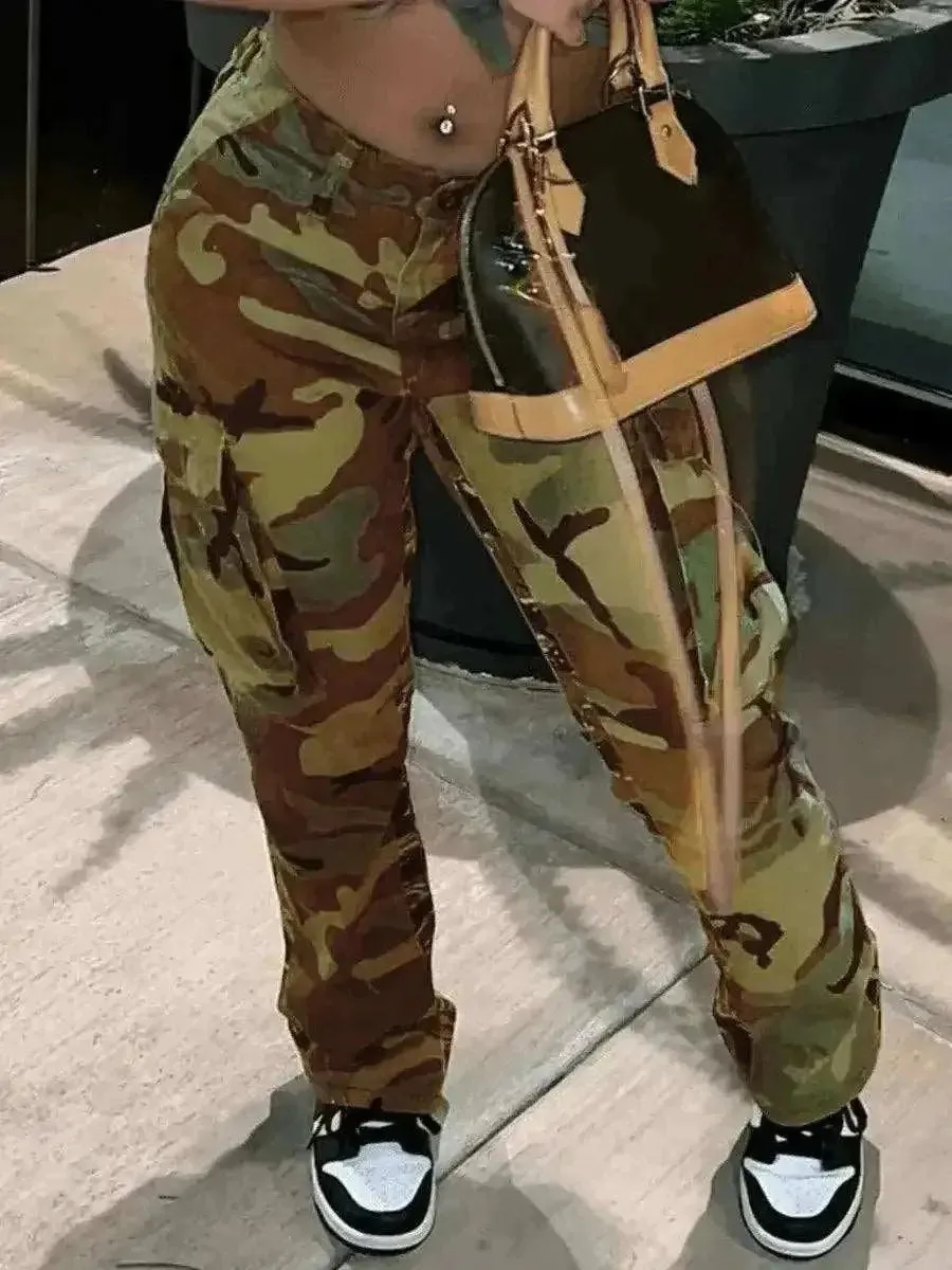Camo Print Side Pocket Cargo Pants For Women