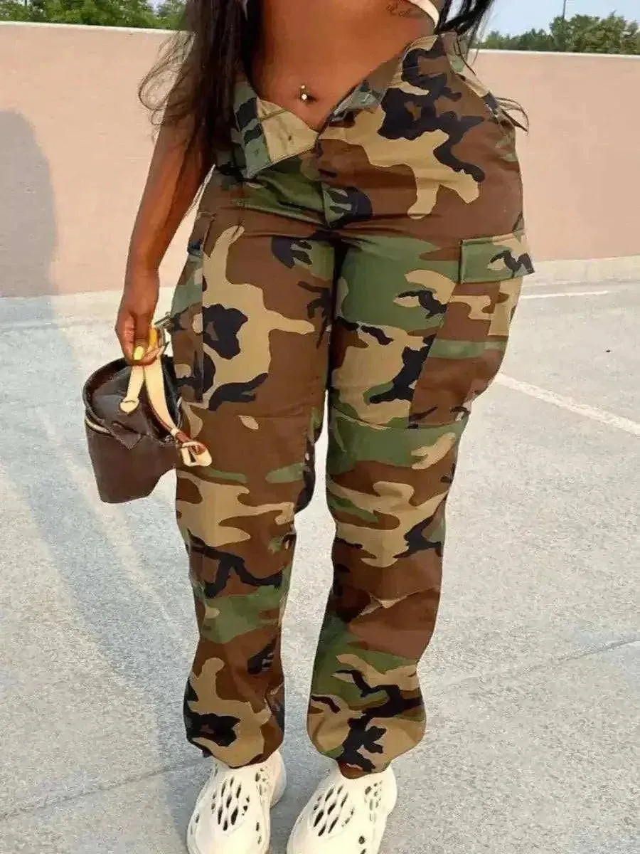 Camo Print Side Pocket Cargo Pants For Women