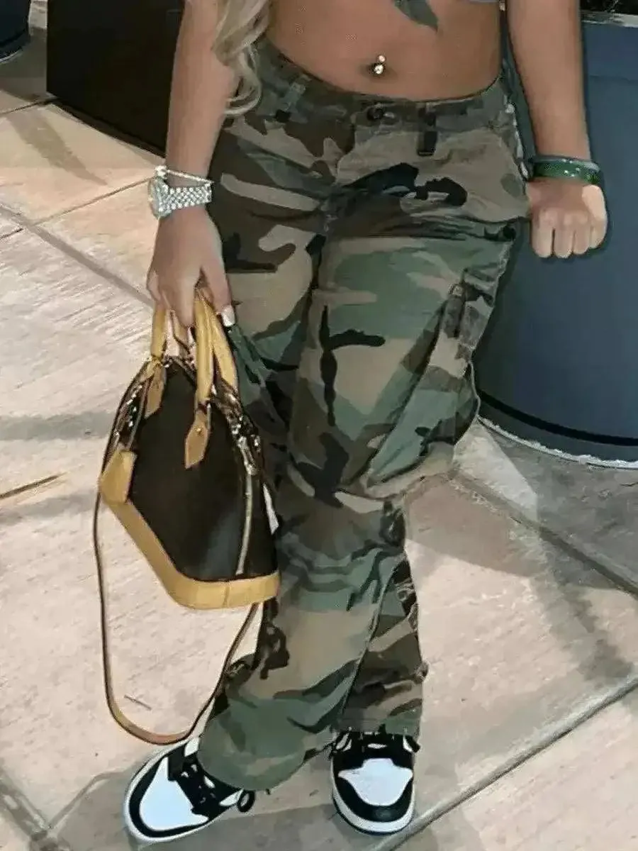 Camo Print Side Pocket Cargo Pants For Women