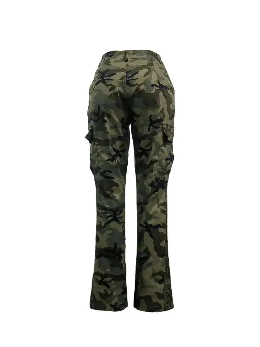 Camo Print Side Pocket Cargo Pants For Women