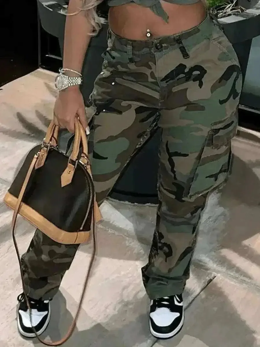 Camo Print Side Pocket Cargo Pants For Women