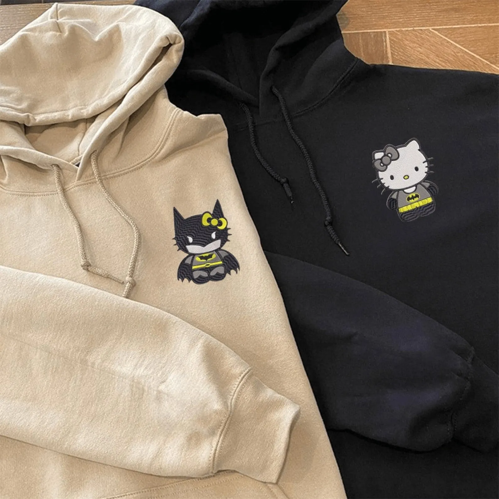 Cartoon Bat & Cat Matching Couple Hoodies – Custom Superhero Sweatshirts for Couples