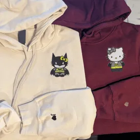 Cartoon Bat & Cat Matching Couple Hoodies – Custom Superhero Sweatshirts for Couples