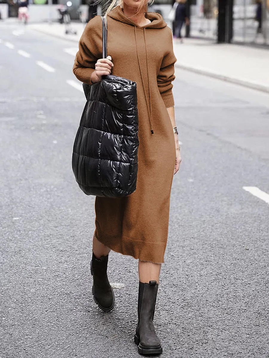 Casual Loose Hooded Knitted Midi Dress