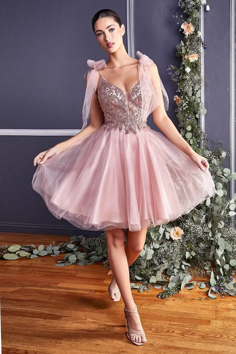 CD CD0174 - A Line Homecoming Dress with Lace Embroidered Bodice & Tulle Bow Straps