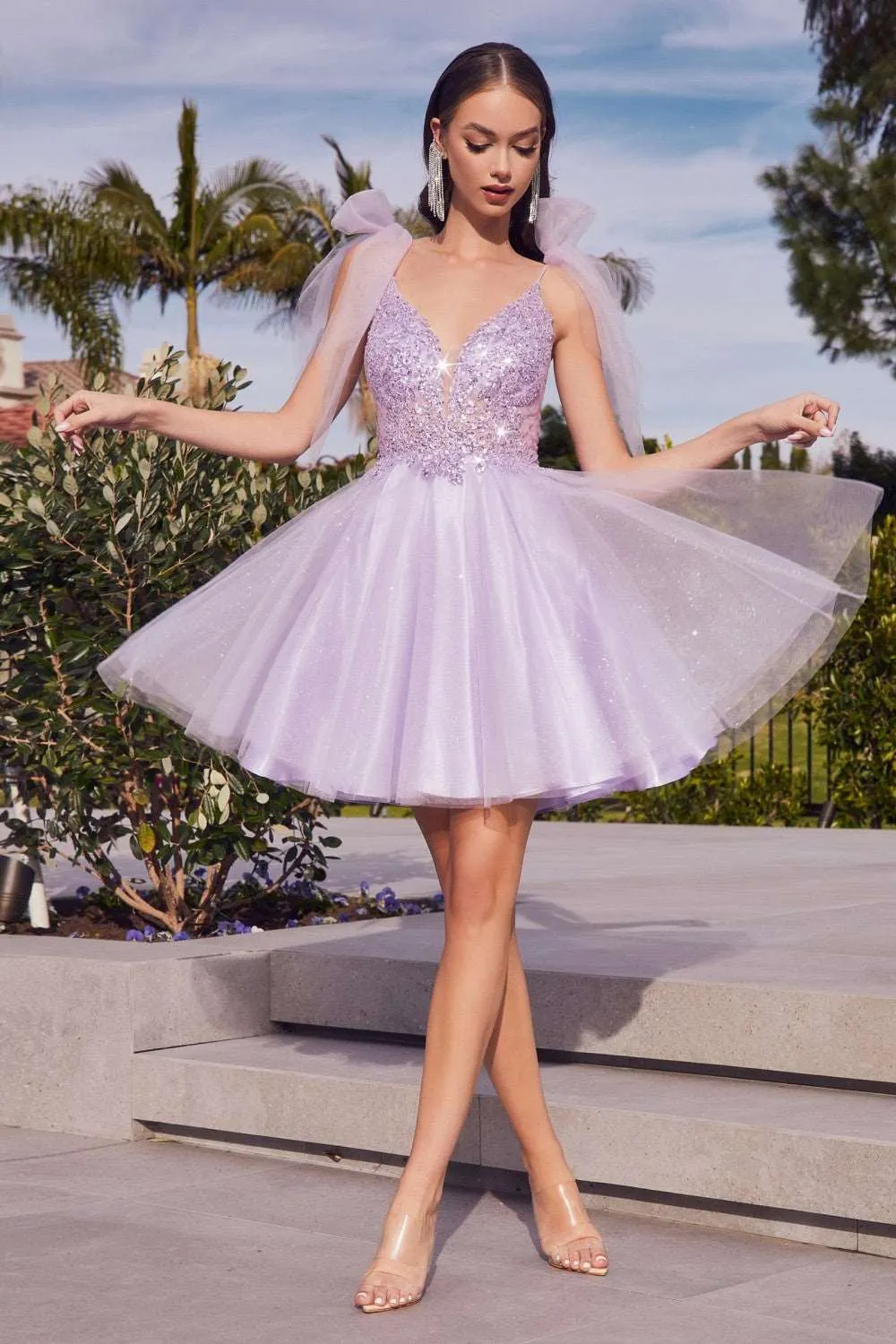 CD CD0174 - A Line Homecoming Dress with Lace Embroidered Bodice & Tulle Bow Straps