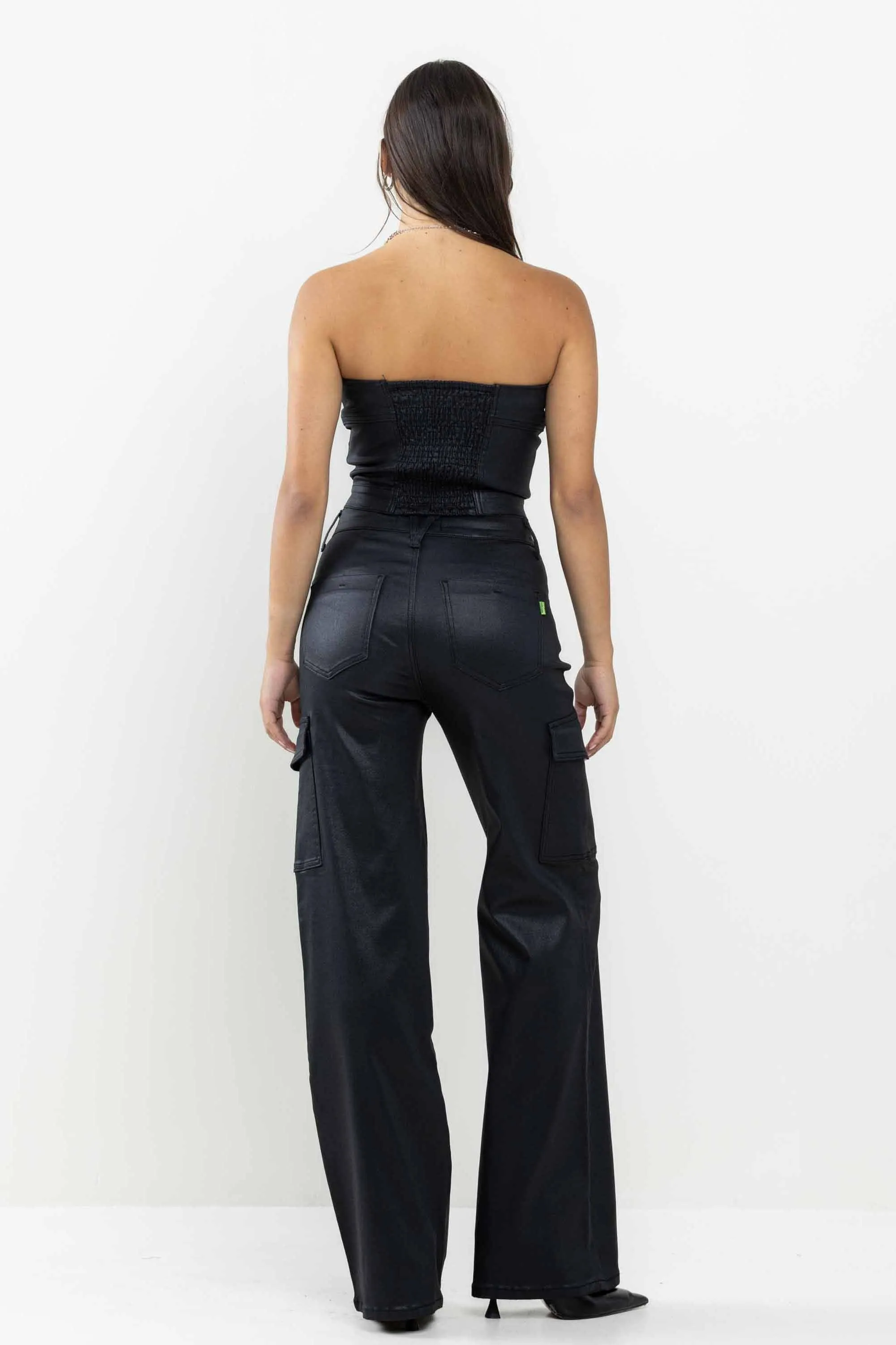 Coated High Rise Wide Leg Cargo Pants