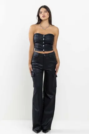 Coated High Rise Wide Leg Cargo Pants