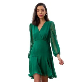 D272 Women silk crinkle chiffon long puff sleeves flounced mini dress