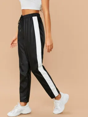 Drawstring Waist Contrast Sideseam PU Leather Pants