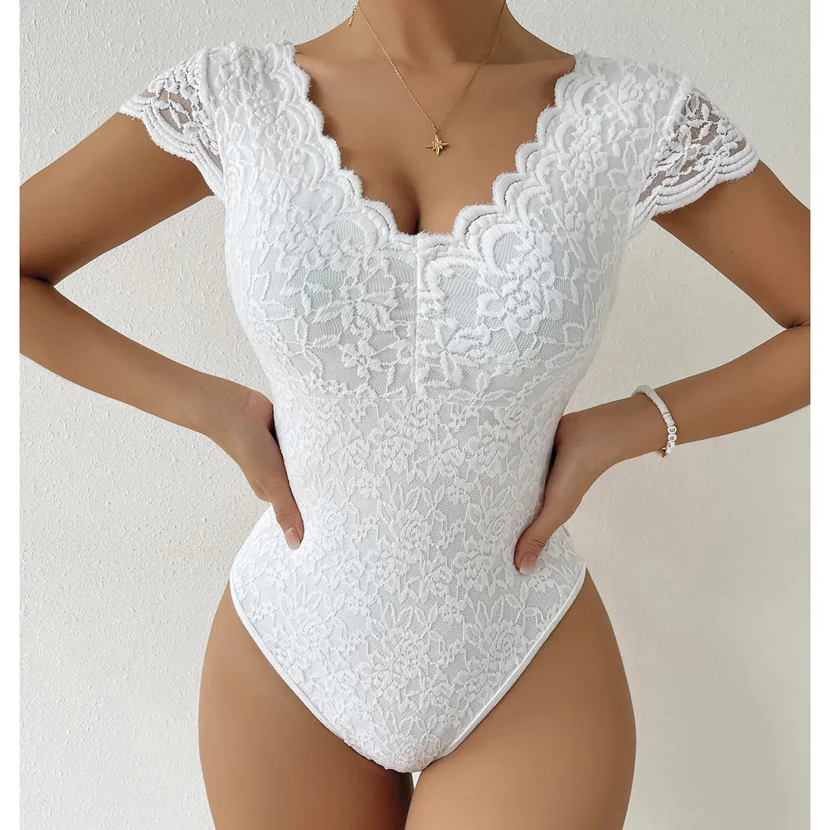 Elegant Lace V-Neck Shapewear Bodysuit - Women’s Tummy Control Slimming Tank Top & Thong Body Shaper