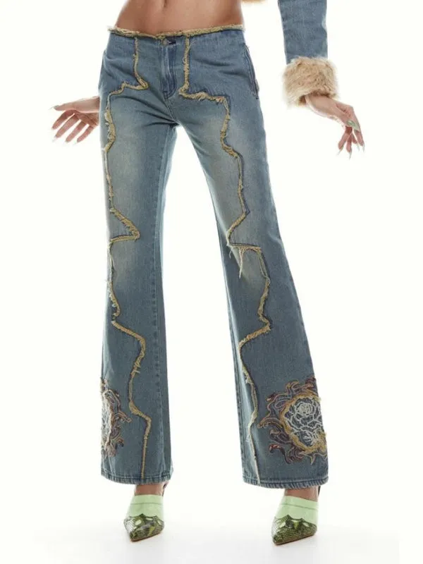 Embroidery Frayed Trim Flared Jeans
