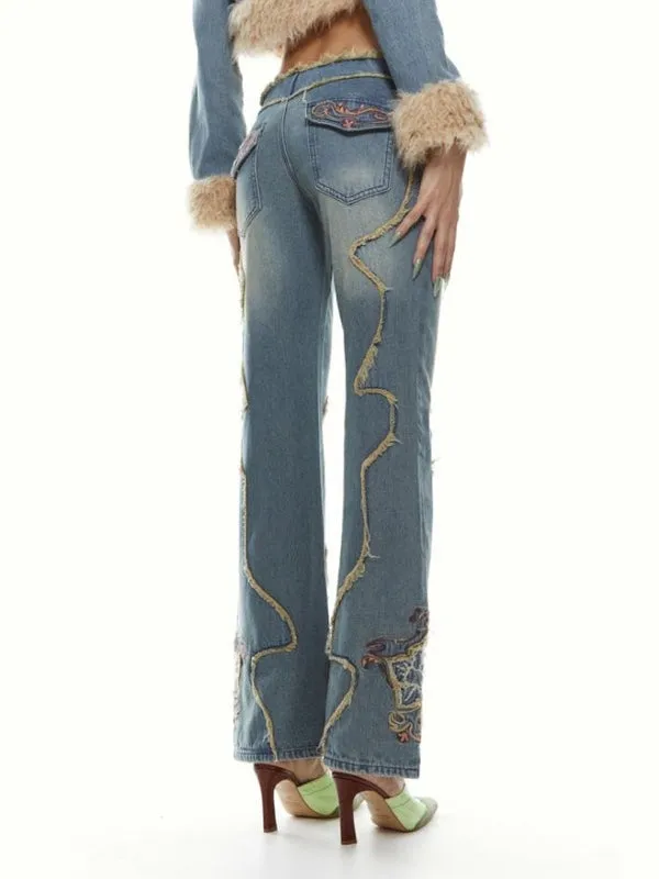 Embroidery Frayed Trim Flared Jeans