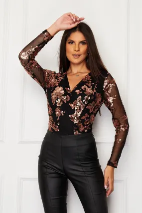 Eva Sequin Long Sleeve Floral Bodysuit (Rose Gold)