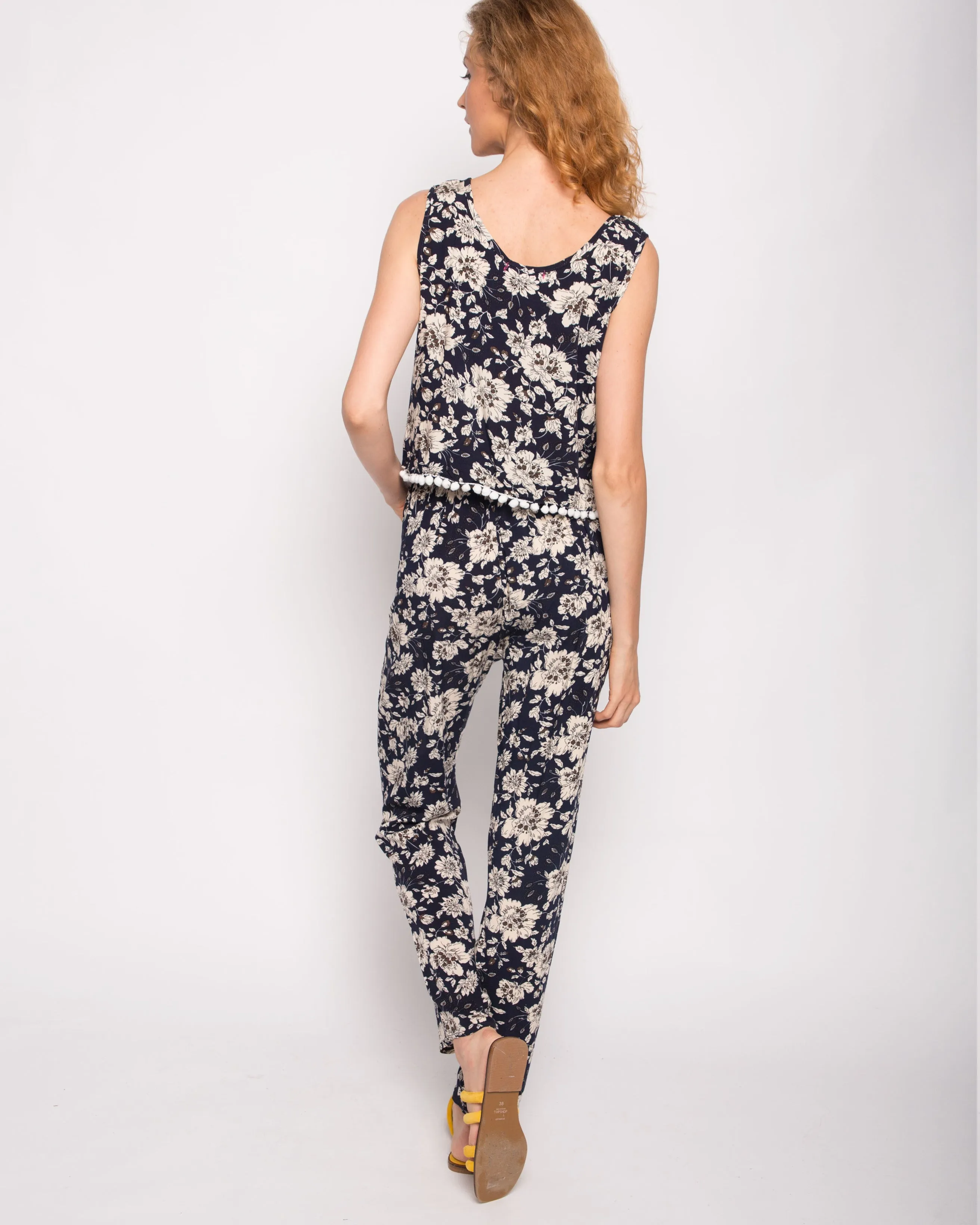Floral print cotton tassel vest top and trousers suits co-ords (BLUE)