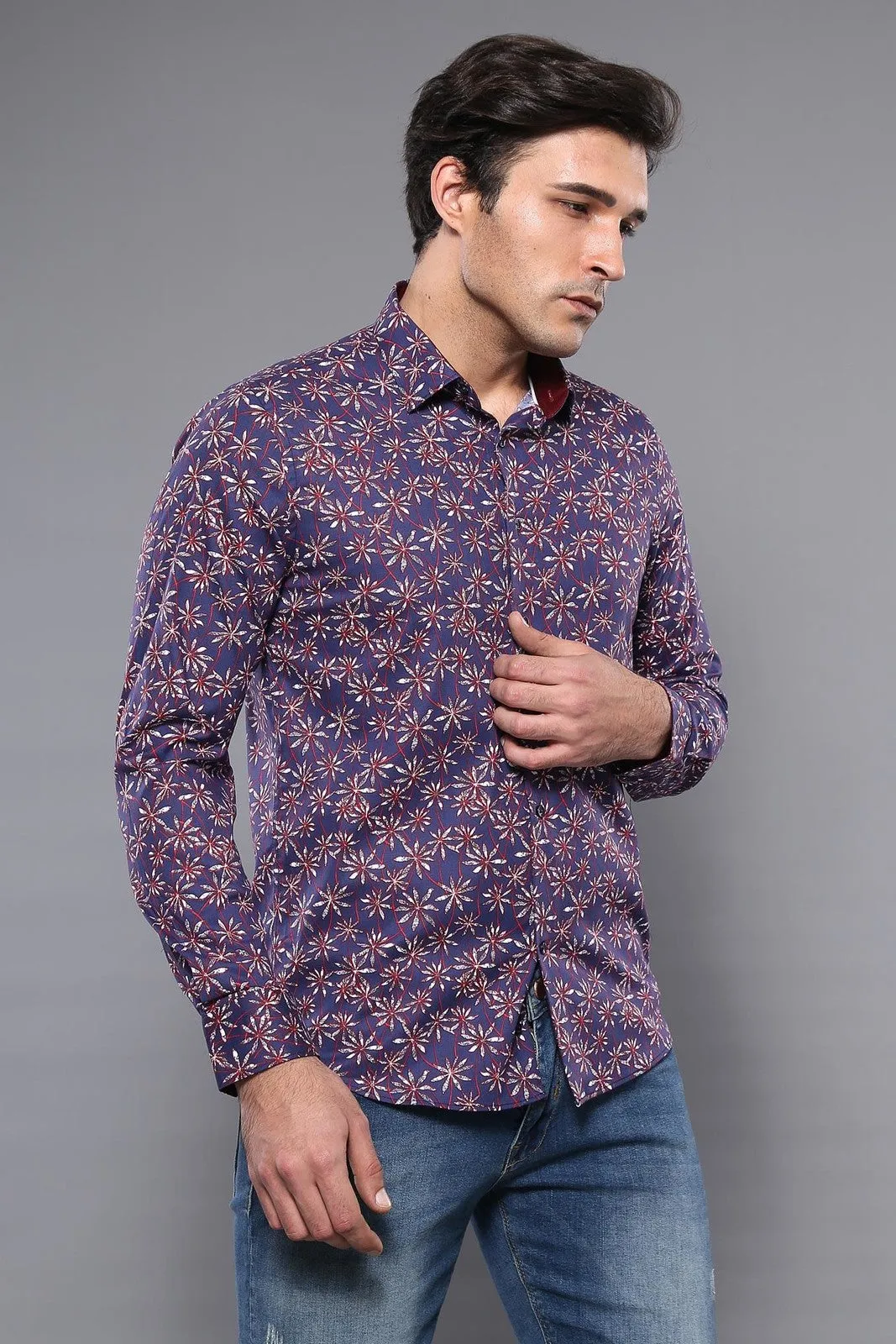 Flower Patterned Long Sleeves Navy Blue Men Shirt  - Wessi