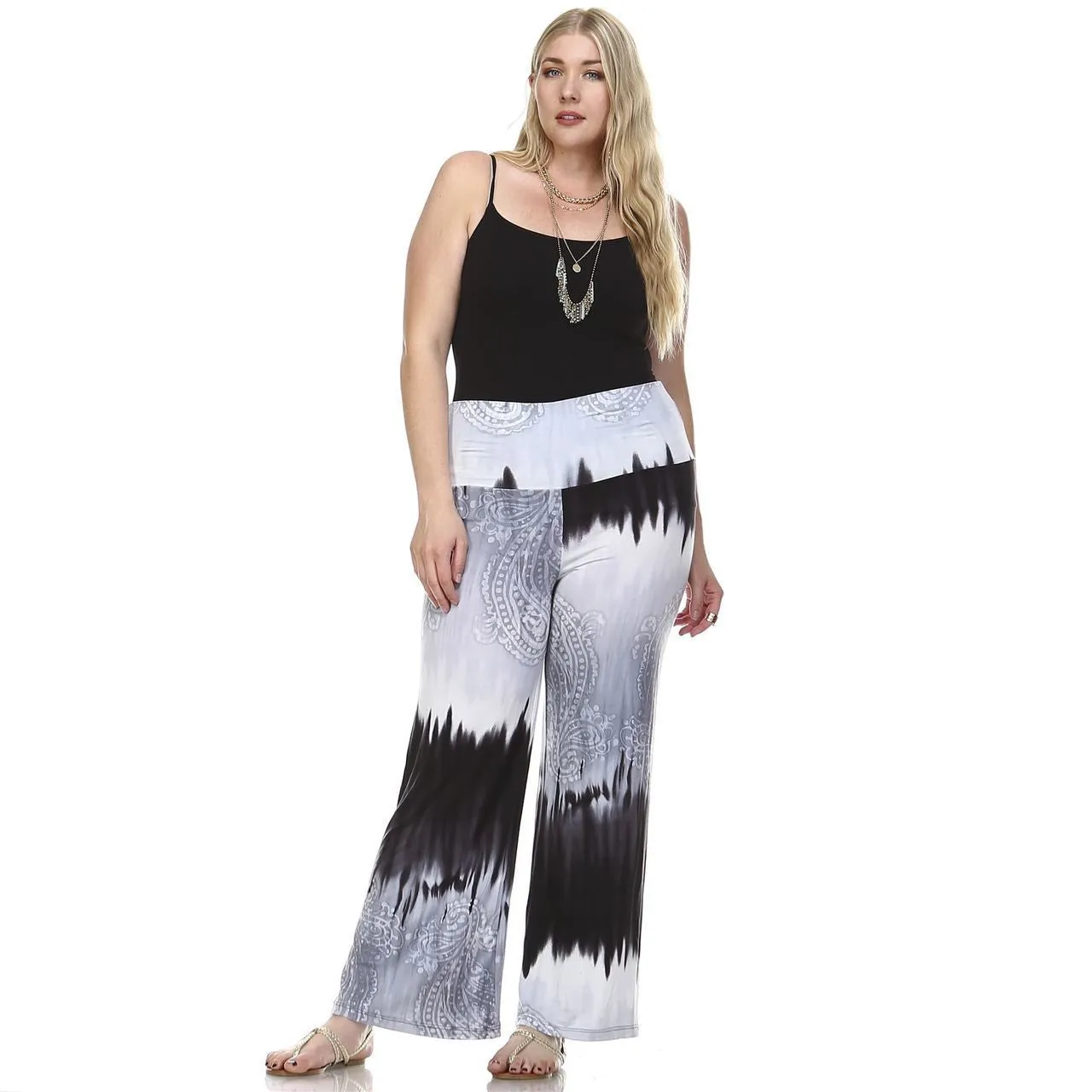Foldover Palazzo Pants Abstract Paisley Gray Black