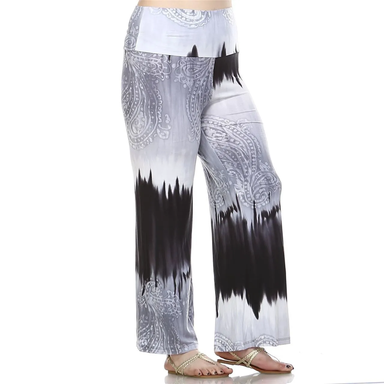 Foldover Palazzo Pants Abstract Paisley Gray Black