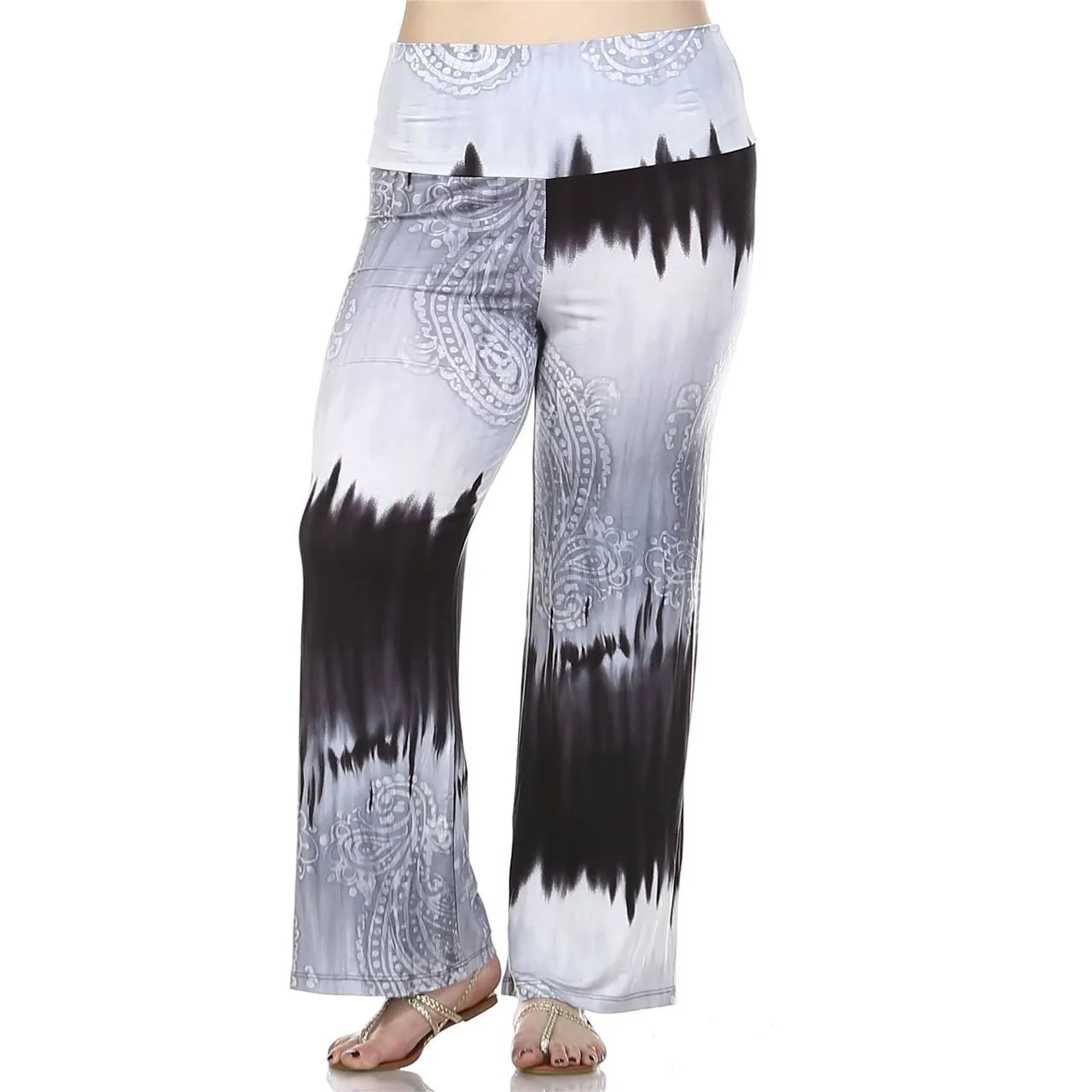 Foldover Palazzo Pants Abstract Paisley Gray Black