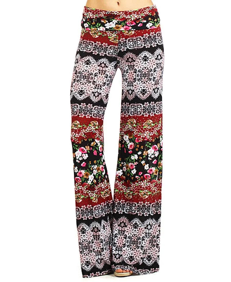 Foldover Palazzo Pants Bohemian Floral Brown Red