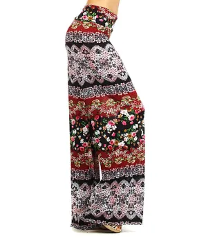 Foldover Palazzo Pants Bohemian Floral Brown Red