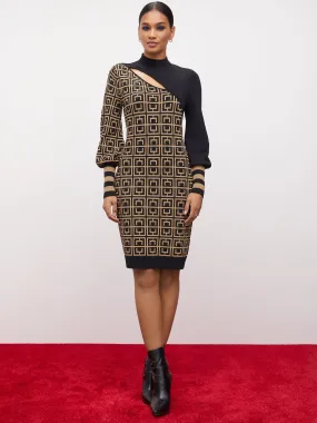 Geometric-Print Cut-Out Sheath Sweater Dress