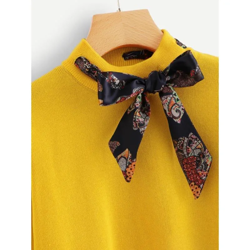 Ginger Tie Neck Jumper Long Sleeve Pullover Women Sweater