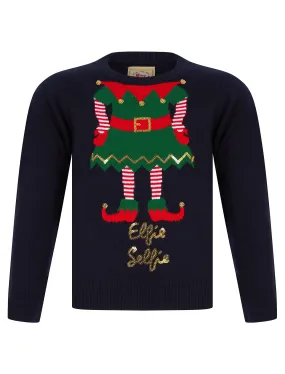 Girl's Elfie Selfie Motif Novelty Sequinned Christmas Jumper in Ink - Merry Christmas Kids (4-12yrs)