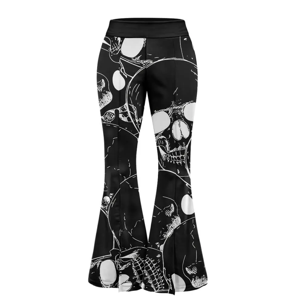 Gothic Skull Print High Waist Flared Pants