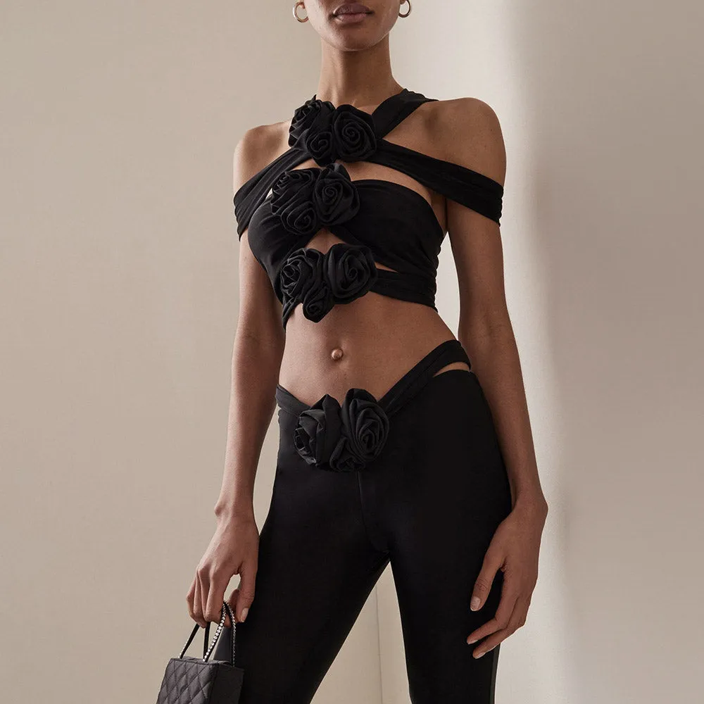 HANAE Black CUT Out TOP and FLARED PANTS with ROSE BOWS SET