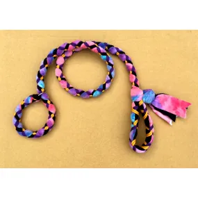 Hand Braided Dog Tug Leash with Slip Collar, Fleece and Paracord for Walking, Agility or Flyball Pastell over Black with Purple and Gold